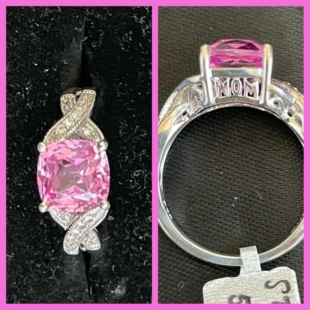 Sterling Silver “Mom” ring with Pink Princess Cut Stone - Size 9